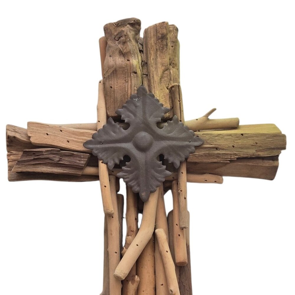 Rustic Driftwood Cross Wall Decor Metal Accent 17 Inch - Picture 10 of 14